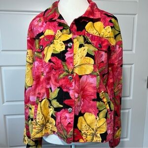 Chico's Pink Yellow Floral Print Jacket Button Front Lightweight Warm Weather LG